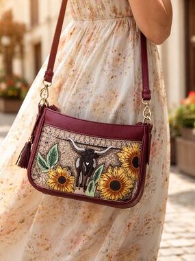 Myra Tooled Leather Handbag Western Cowgirl Purse Floral Steer Boho Crossbody